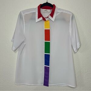 VTG Worthington White Rainbow Blouse Women’s Side 10M Button Up Short Sleeve 80s